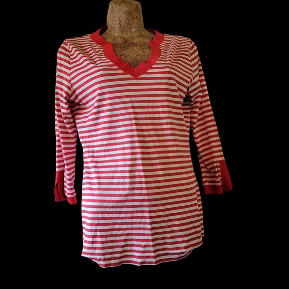 Red & White Striped 3/4 Sleeve Tunic Top With Notch Collar Size S - Picture 1 of 16